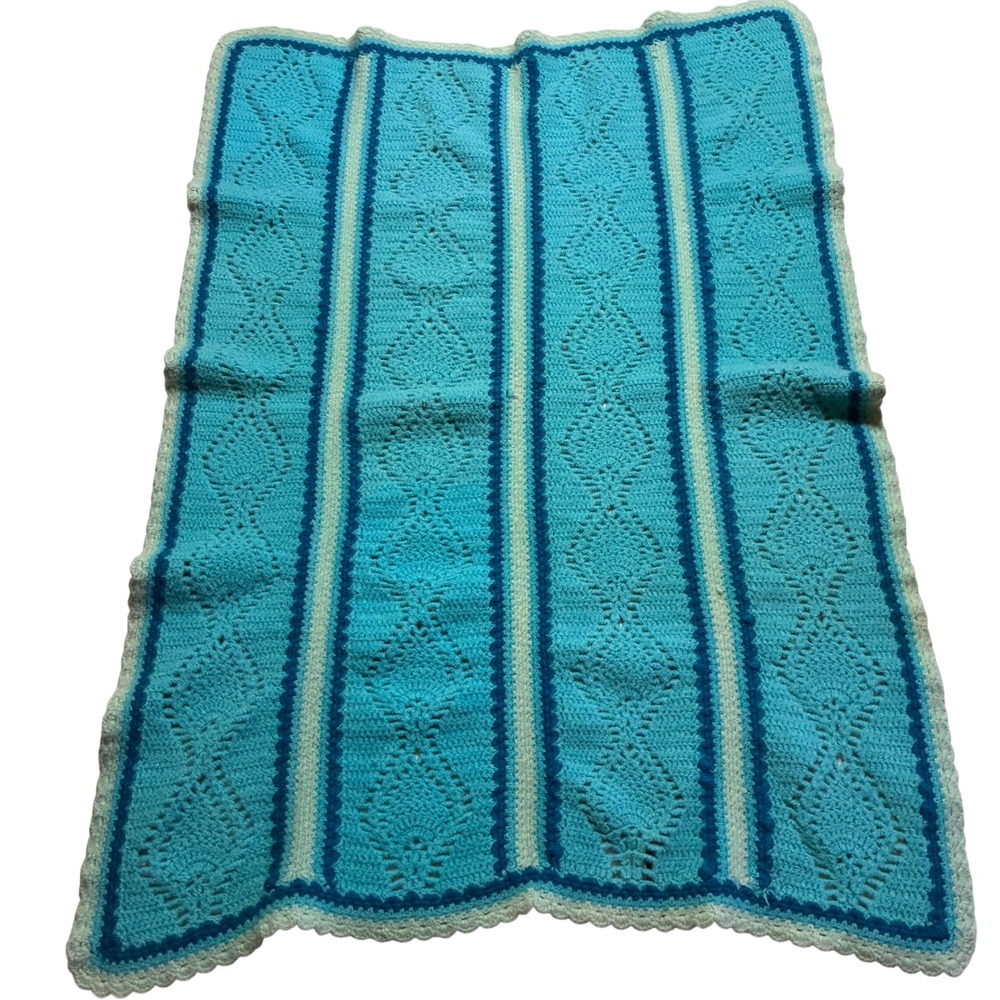 Handmade Crochet Throw Blanket 43x62 Blue Teal Mint Diamond Knit Scalloped Edge